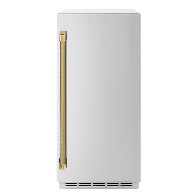 ZLINE Autograph Edition 15 in. Touchstone Gourmet Ice Maker with Drain Pump and Solid Stainless Steel Door with Polished Gold Helix Handle (IGMDZ-ST-15-KG)
