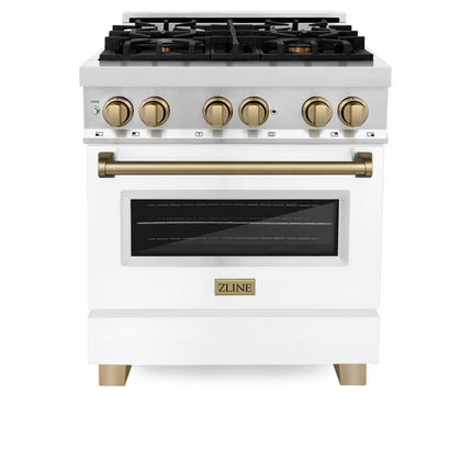 ZLINE Autograph Edition 30 in. 4.0 cu. ft. Legacy Dual Fuel Range with 4 Burner Gas Cooktop and Electric Convection Oven in Stainless Steel with White Matte Door and Champagne Bronze Accents (RAZ-WM-30-CB)