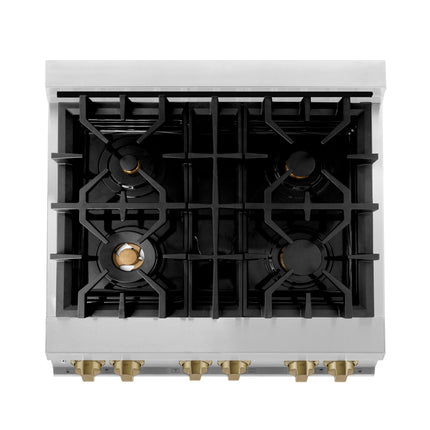 ZLINE Autograph Edition 30 in. 4.0 cu. ft. Legacy Dual Fuel Range with 4 Burner Gas Cooktop and Electric Convection Oven in Stainless Steel with White Matte Door and Champagne Bronze Accents (RAZ-WM-30-CB)