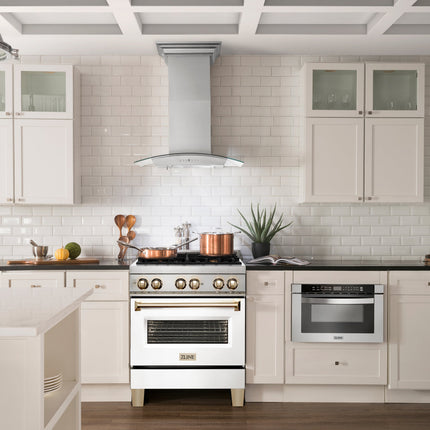 ZLINE Autograph Edition 30 in. 4.0 cu. ft. Legacy Dual Fuel Range with 4 Burner Gas Cooktop and Electric Convection Oven in Stainless Steel with White Matte Door and Polished Gold Accents (RAZ-WM-30-G)