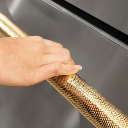 ZLINE Autograph Edition 36 in. 21.6 cu. ft. Counter-Depth French Door Refrigerator with Water and Ice Dispenser in Fingerprint-Resistant Stainless Steel with Polished Gold Helix Handles (RFMZ-W-36-KG)