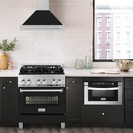 ZLINE 30 in. Convertible Fingerprint Resistant Satin Stainless Steel Range Hood with Black Matte Shell and Stainless Steel Handle (KB4SNX-BLM-30)