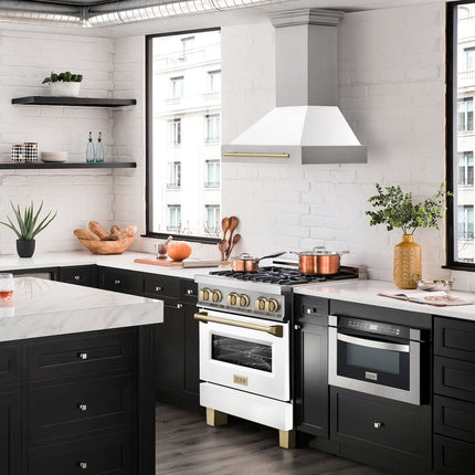 ZLINE Autograph Edition 30" Stainless Steel Range Hood with White Matte Shell and Polished Gold Handle (8654STZ-WM30-G)