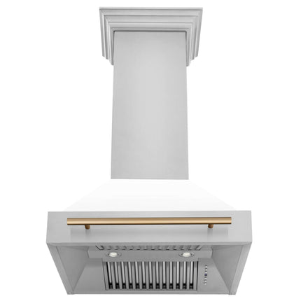 ZLINE Autograph Edition 30 in. Kitchen Package with Stainless Steel Dual Fuel Range with White Matte Door, Range Hood and Dishwasher with Champagne Bronze Accents (3AKP-RAWMRHDWM30-CB)