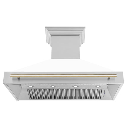 ZLINE Autograph Edition 48" Stainless Steel Range Hood with White Matte Shell and Polished Gold Handle (8654STZ-WM48-G)