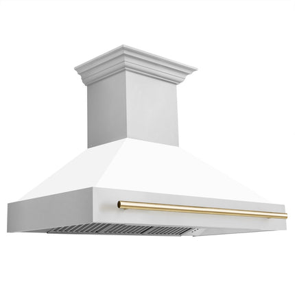 ZLINE Autograph Edition 48" Stainless Steel Range Hood with White Matte Shell and Polished Gold Handle (8654STZ-WM48-G)