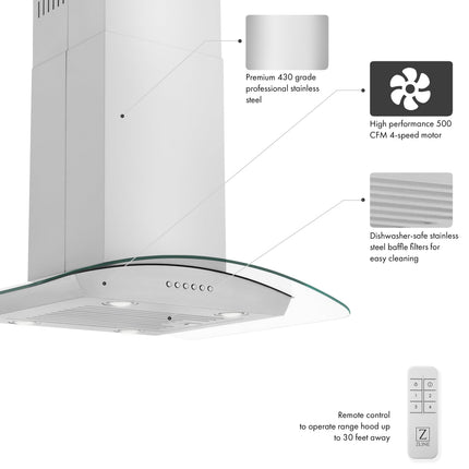 ZLINE 30” Alpine Series Convertible Island Mount Range Hood in Stainless Steel with Remote Control, LED lighting, and Dishwasher-Safe Baffle Filters (ALP70IS-30)
