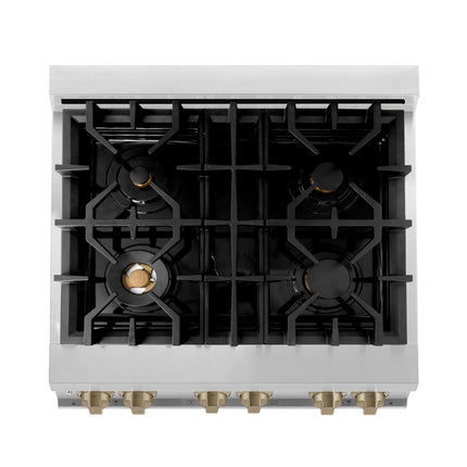 ZLINE Autograph Edition 30 in. Kitchen Package with Stainless Steel Dual Fuel Range with White Matte Door, Range Hood and Dishwasher with Champagne Bronze Accents (3AKP-RAWMRHDWM30-CB)