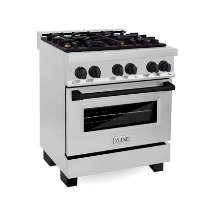 ZLINE Autograph Edition 30 in. Kitchen Package with Stainless Steel Dual Fuel Range, Range Hood, Dishwasher, and Refrigerator with External Water Dispenser with Matte Black Accents (4AKPR-RARHDWM30-MB)
