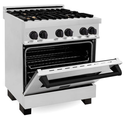ZLINE Autograph Edition 30 in. Kitchen Package with Stainless Steel Dual Fuel Range, Range Hood, Dishwasher, and Refrigerator with External Water Dispenser with Matte Black Accents (4AKPR-RARHDWM30-MB)