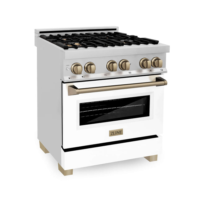 ZLINE Autograph Edition 30 in. Kitchen Package with Stainless Steel Dual Fuel Range with White Matte Door and Range Hood with Champagne Bronze Accents (2AKP-RAWMRH30-CB)