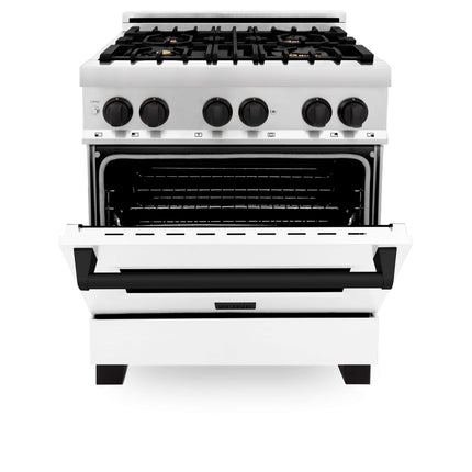 ZLINE Autograph Edition 30 in. Kitchen Package with Stainless Steel Dual Fuel Range with White Matte Door, Range Hood and Dishwasher with Matte Black Accents (3AKP-RAWMRHDWM30-MB)