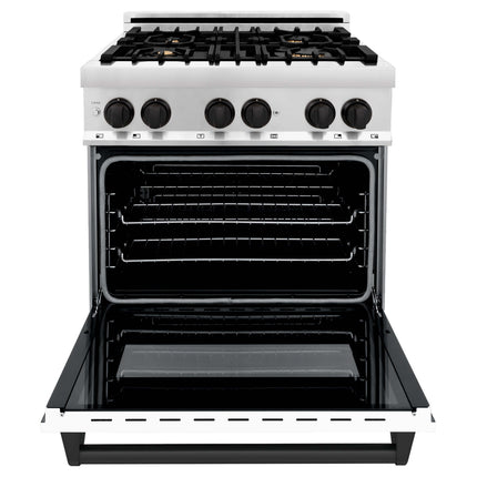 ZLINE Autograph Edition 30 in. Kitchen Package with Stainless Steel Dual Fuel Range with White Matte Door and Range Hood with Matte Black Accents (2AKP-RAWMRH30-MB)