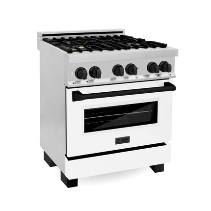 ZLINE Autograph Edition 30 in. Kitchen Package with Stainless Steel Dual Fuel Range with White Matte Door and Range Hood with Matte Black Accents (2AKP-RAWMRH30-MB)