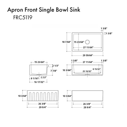 ZLINE 30 in. Venice Farmhouse Apron Front Reversible Single Bowl Fireclay Kitchen Sink with Bottom Grid in White Gloss (FRC5119-WH-30)