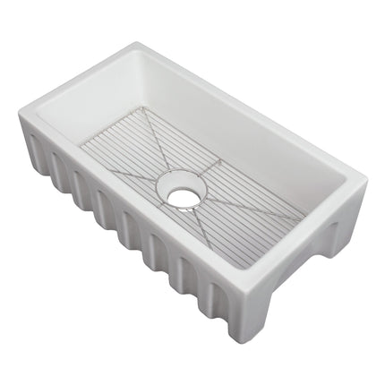 ZLINE 30 in. Venice Farmhouse Apron Front Reversible Single Bowl Fireclay Kitchen Sink with Bottom Grid in White Gloss (FRC5119-WH-30)