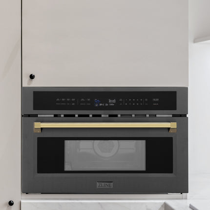 ZLINE Autograph Edition 30” 1.6 cu ft. Built-in Convection Microwave Oven in Black Stainless Steel and Polished Gold  Accents (MWOZ-30-BS-G)